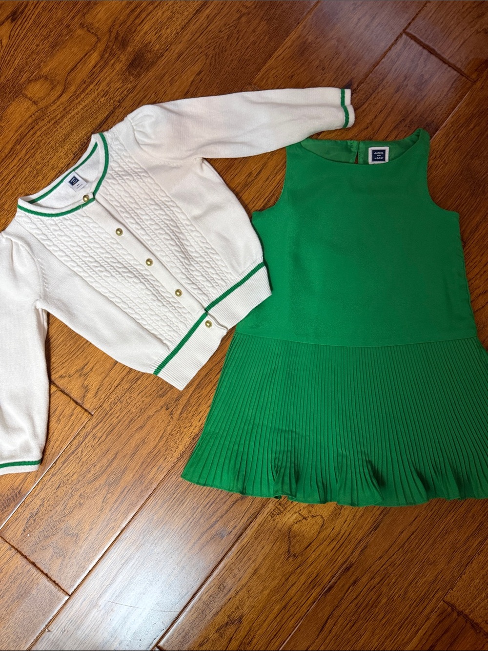 Janie and Jack Green Pleated Dress with White Trim Cardigan